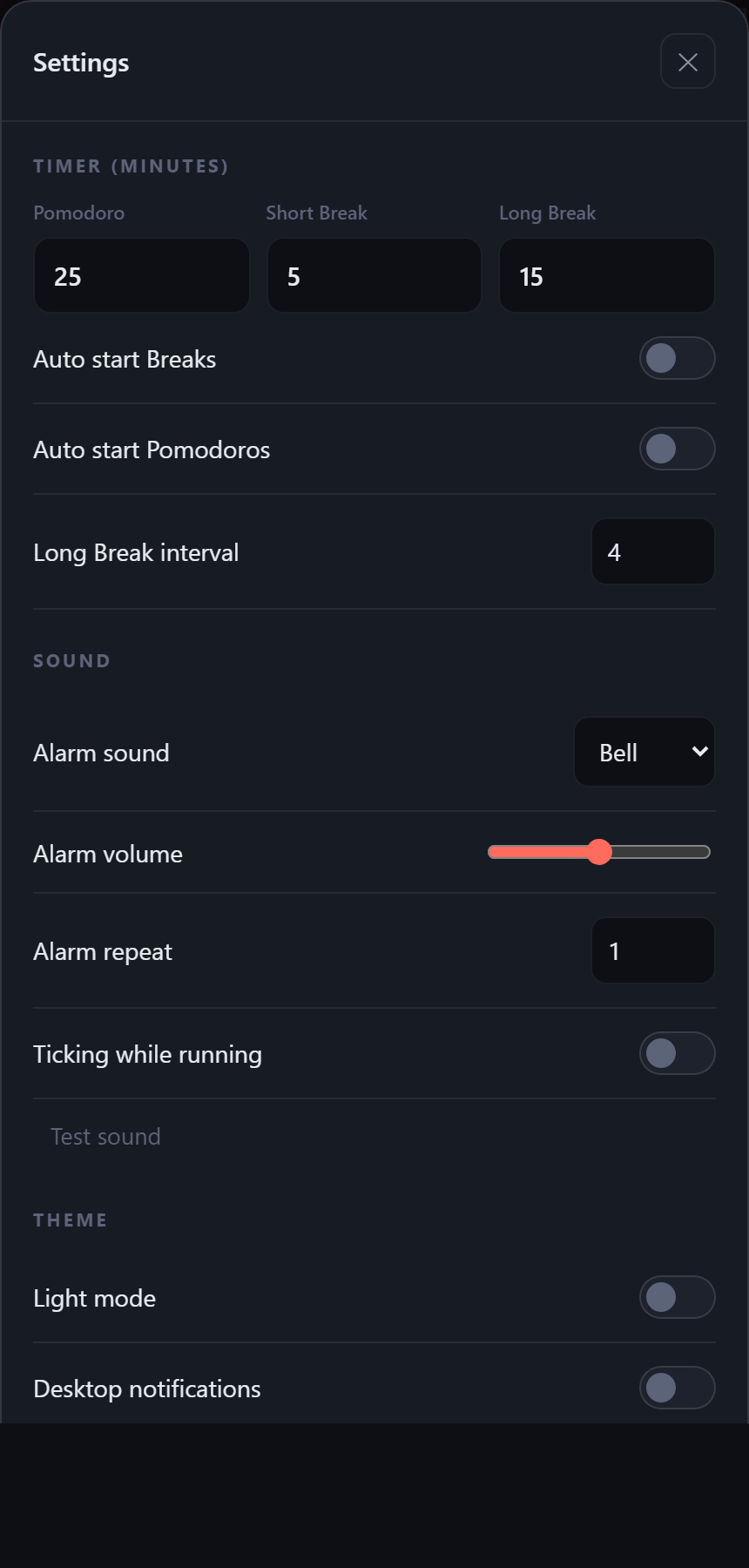 The Settings window showing timer durations, sound options, and theme toggles