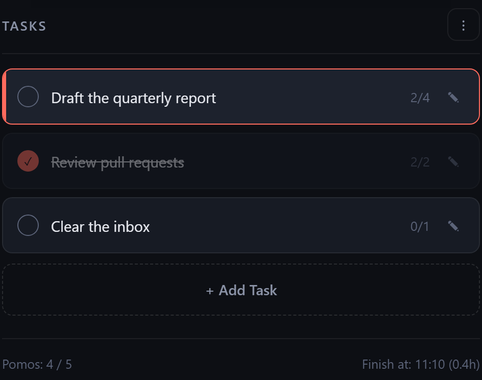 The task list showing three tasks with pomodoro counts and a summary bar
