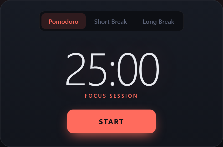 The timer card showing mode tabs, the countdown, and the START button